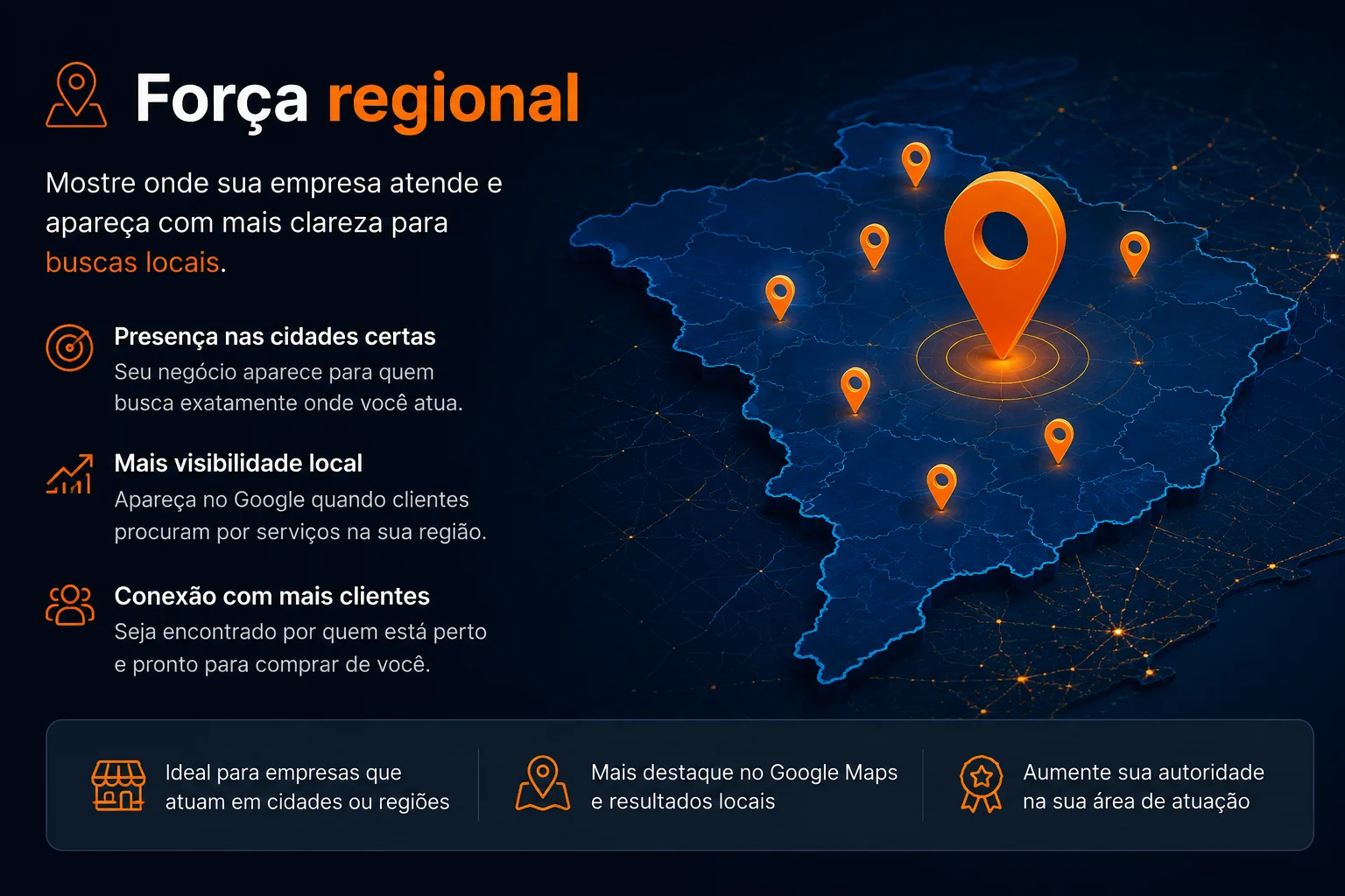 Ilustração de estratégia de SEO Local com mapa e presença regional
